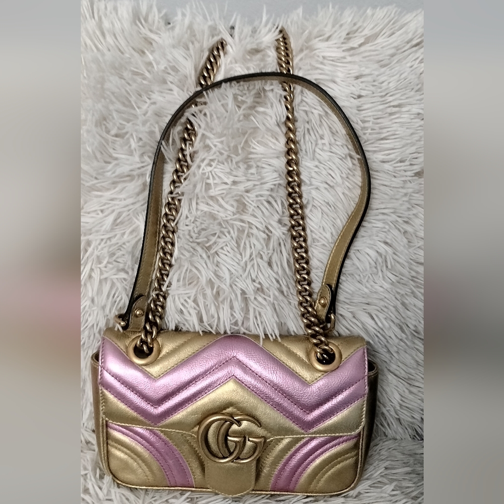 Gucci Metallic Matelasse Leather GG Marmont Mini Flap Shoulder Bag